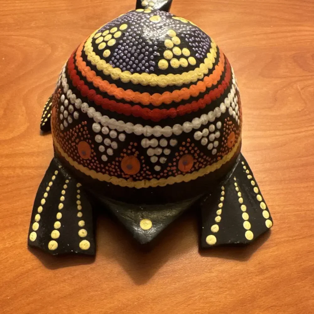 Handmade Hand-Painted Wooden Turtle Figurine Bali Dot Pattern Art -bobble head